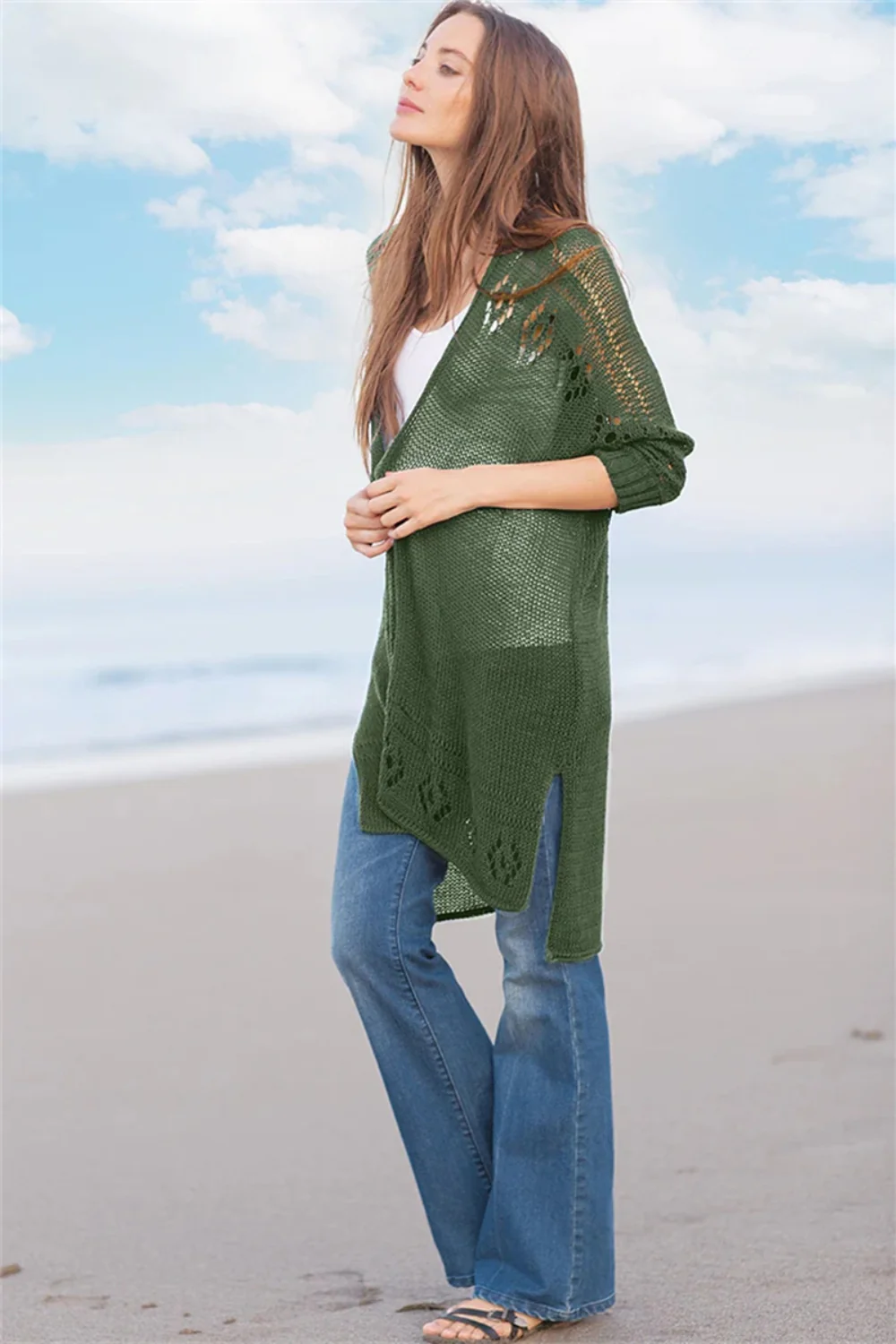 Openwork Side Slit Open Front Long Sleeve Cardigan - Image 12
