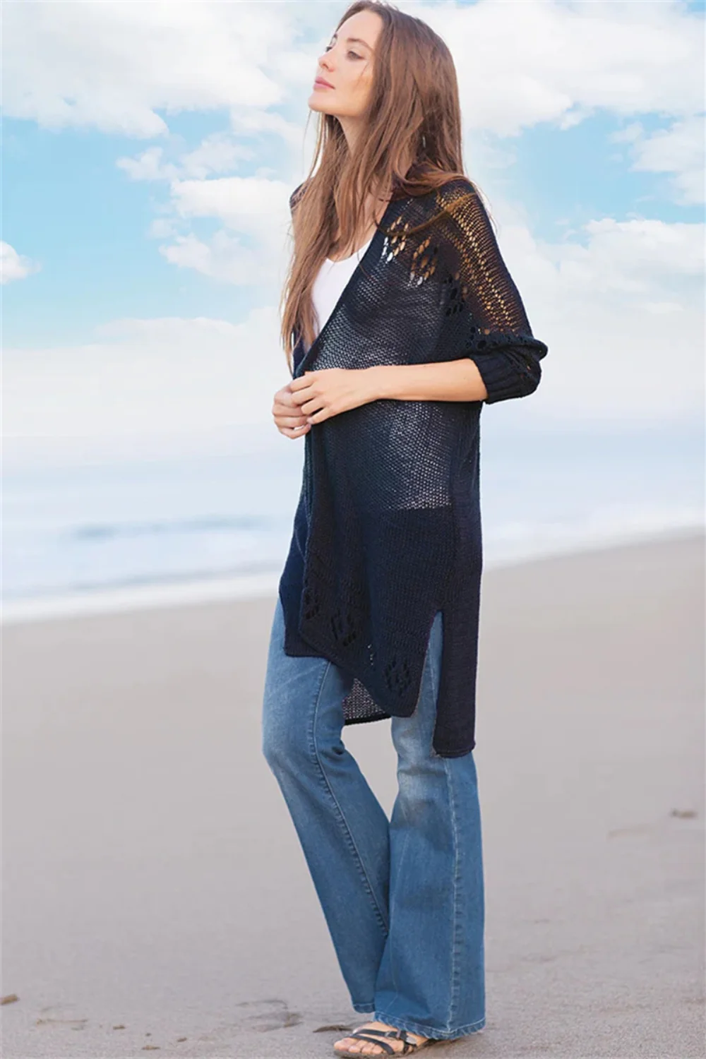 Openwork Side Slit Open Front Long Sleeve Cardigan - Image 17