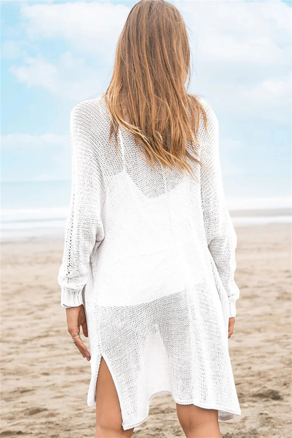 Openwork Side Slit Open Front Long Sleeve Cardigan - Image 20