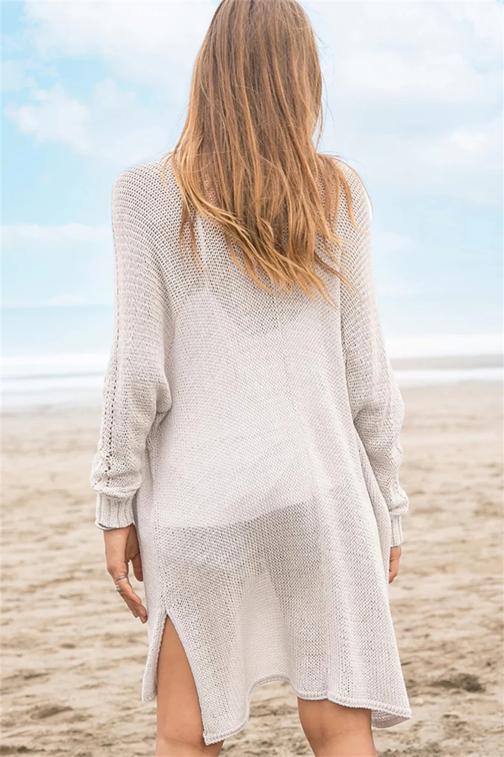 Openwork Side Slit Open Front Long Sleeve Cardigan - Image 3