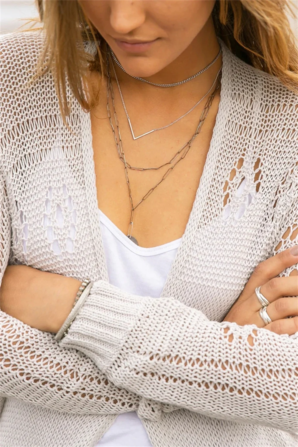 Openwork Side Slit Open Front Long Sleeve Cardigan - Image 4
