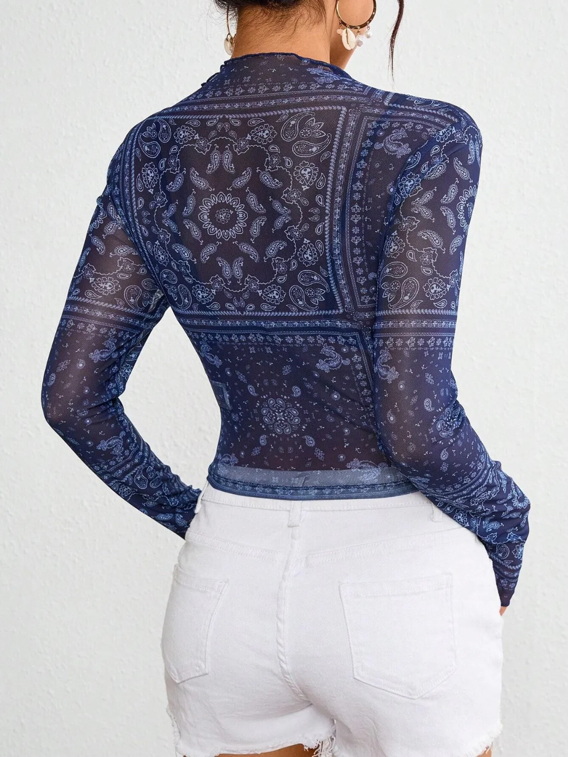 Paisley Mock Neck Long Sleeve Sheer Top - Image 3