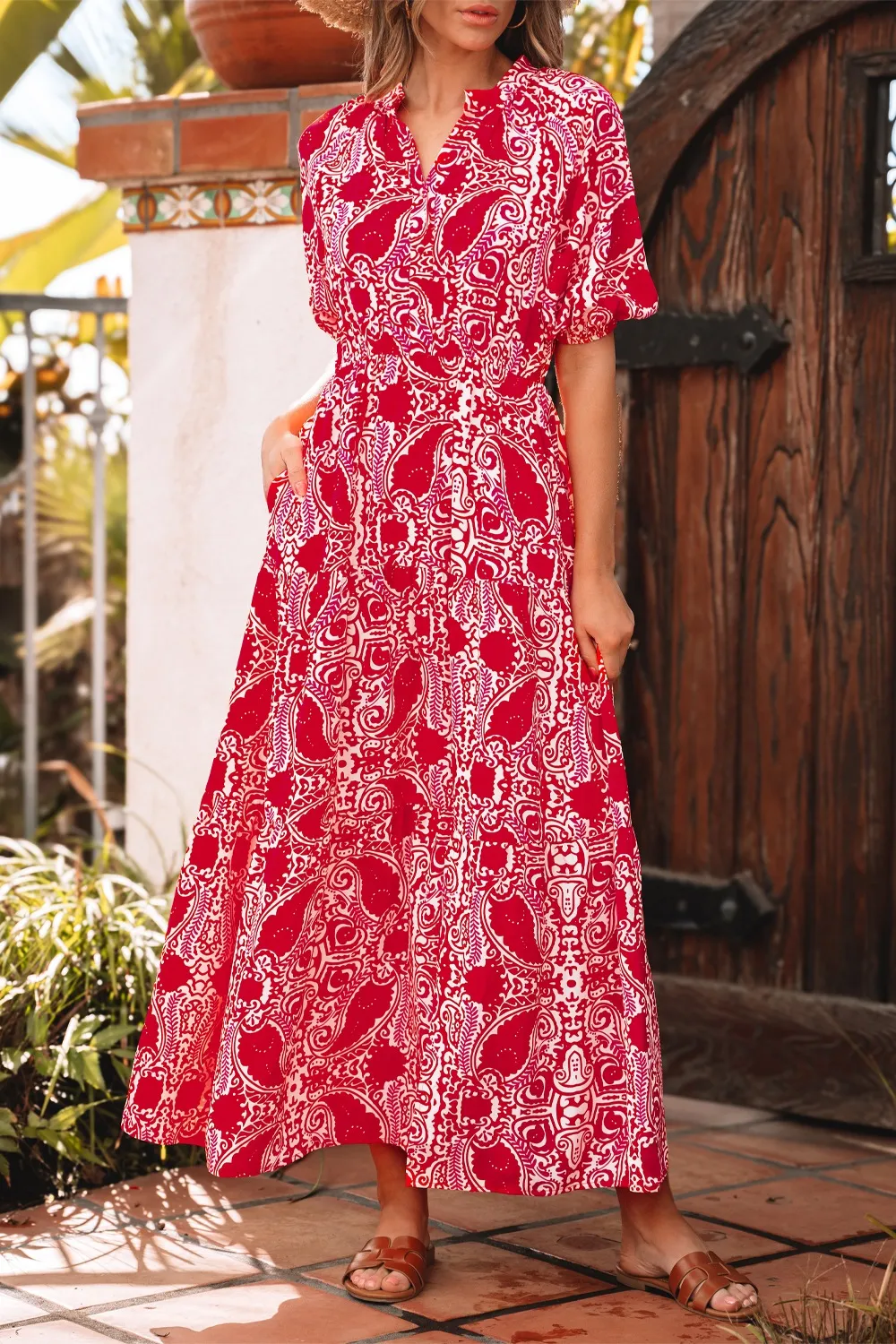 Paisley Print Side Slit Puff Sleeve High Waist Maxi Dress - Image 3