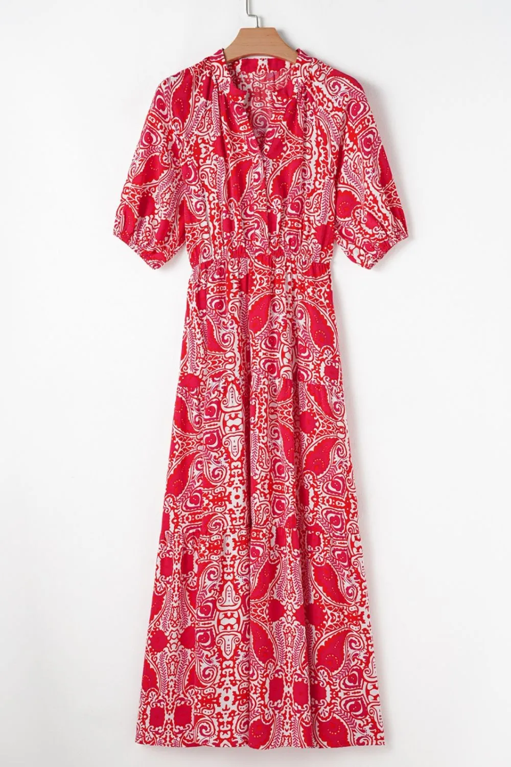 Paisley Print Side Slit Puff Sleeve High Waist Maxi Dress - Image 5