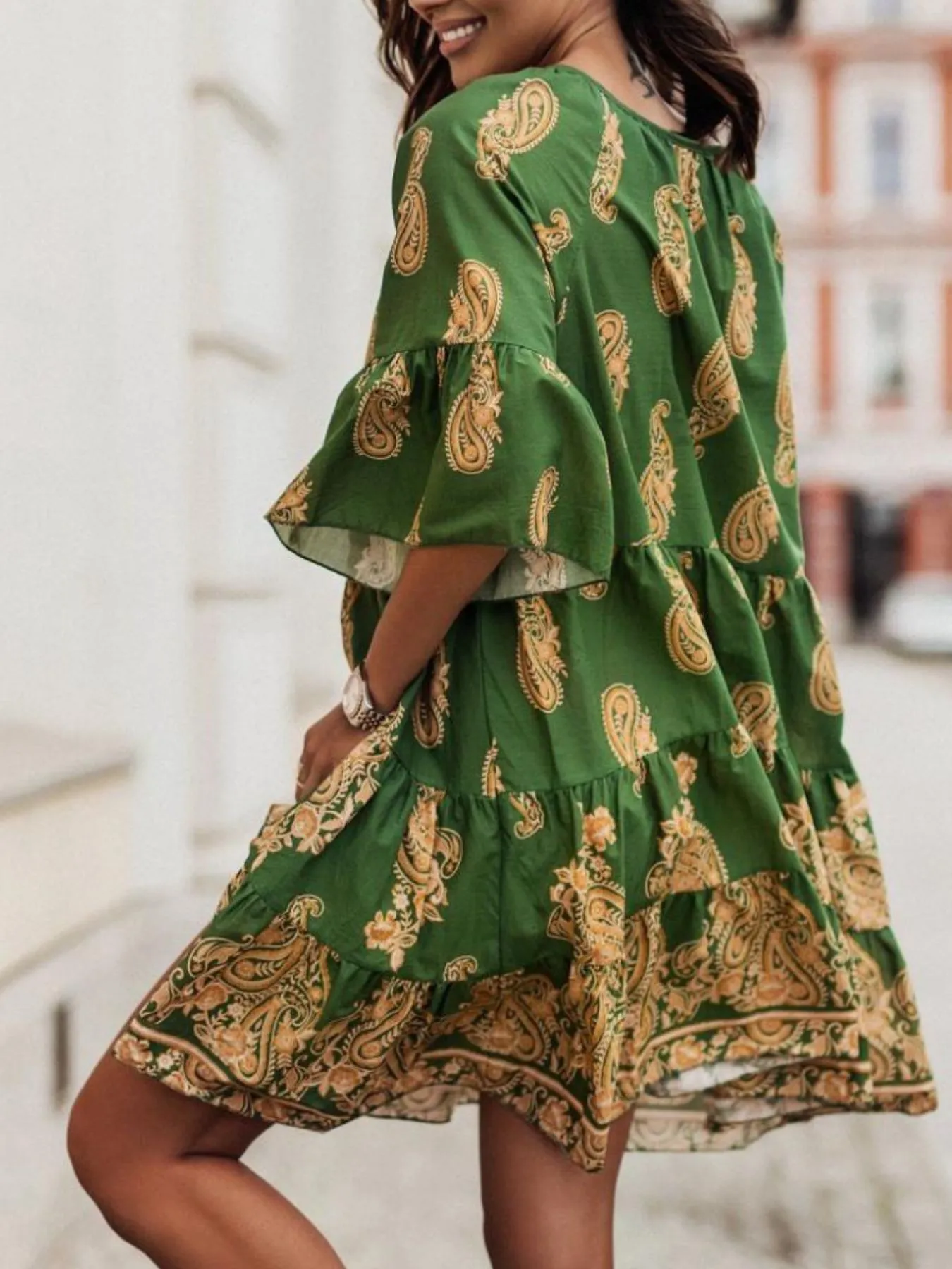 Paisley Print Tie Neck Half Sleeve Mini Dress - Image 10