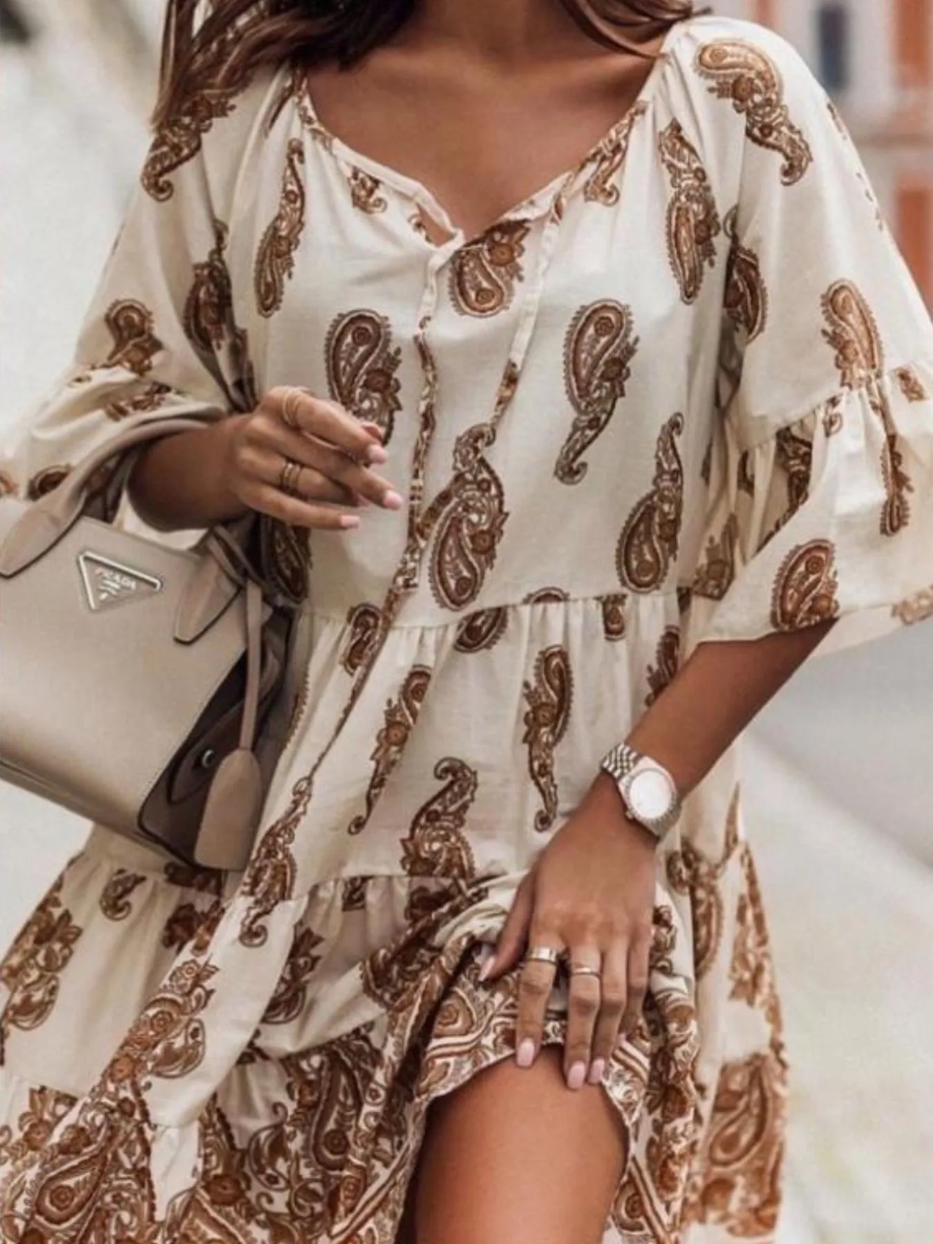 Paisley Print Tie Neck Half Sleeve Mini Dress - Image 2