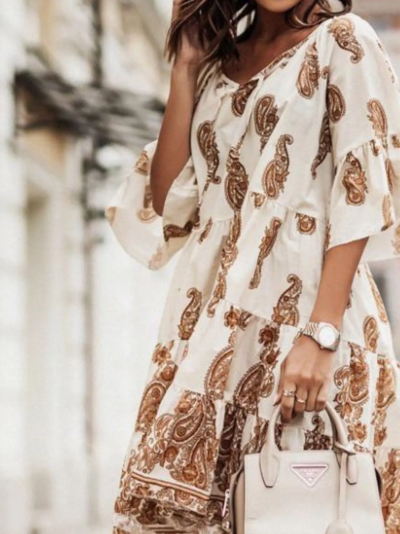 Paisley Print Tie Neck Half Sleeve Mini Dress - Image 3