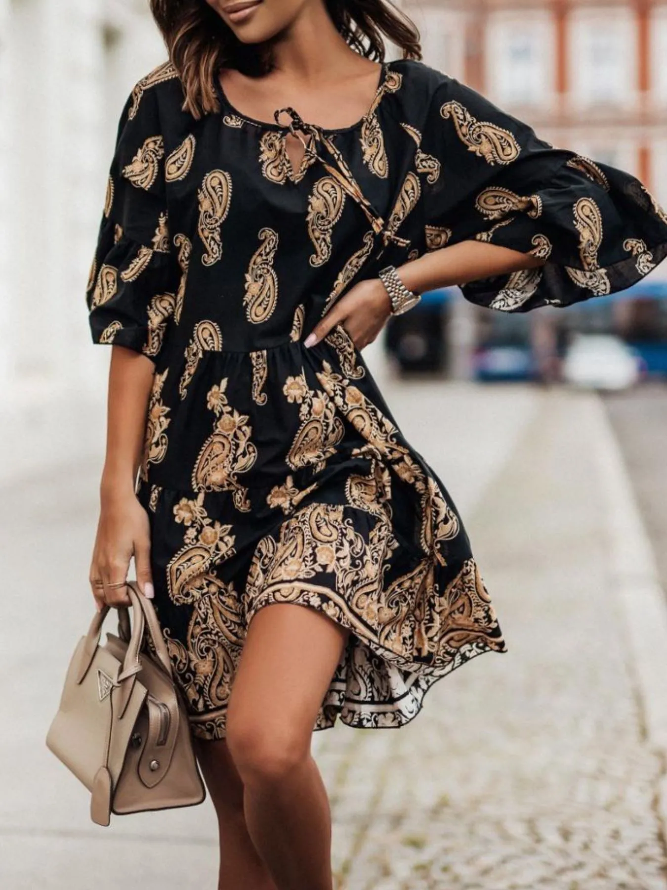 Paisley Print Tie Neck Half Sleeve Mini Dress - Image 4