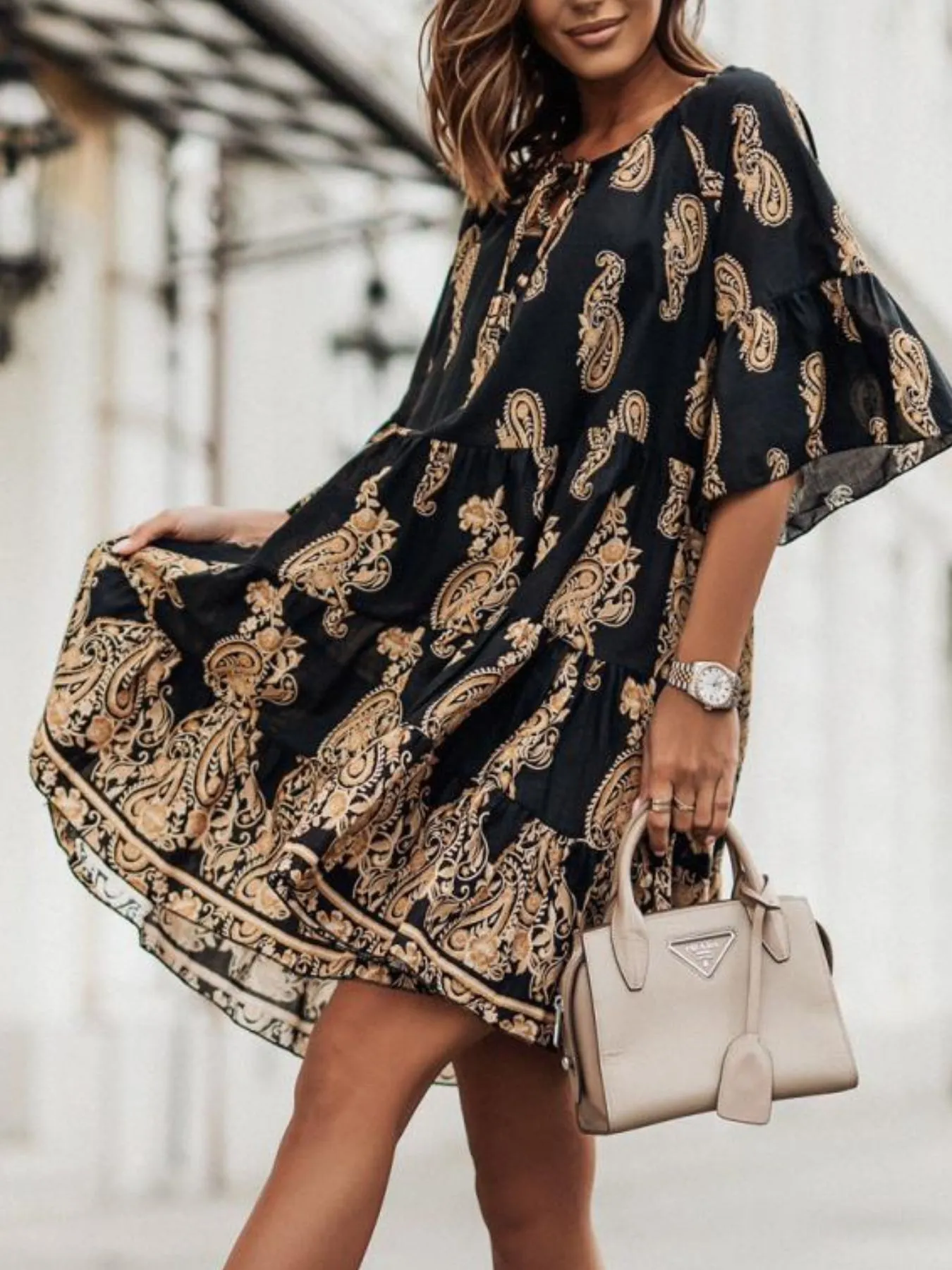 Paisley Print Tie Neck Half Sleeve Mini Dress - Image 5