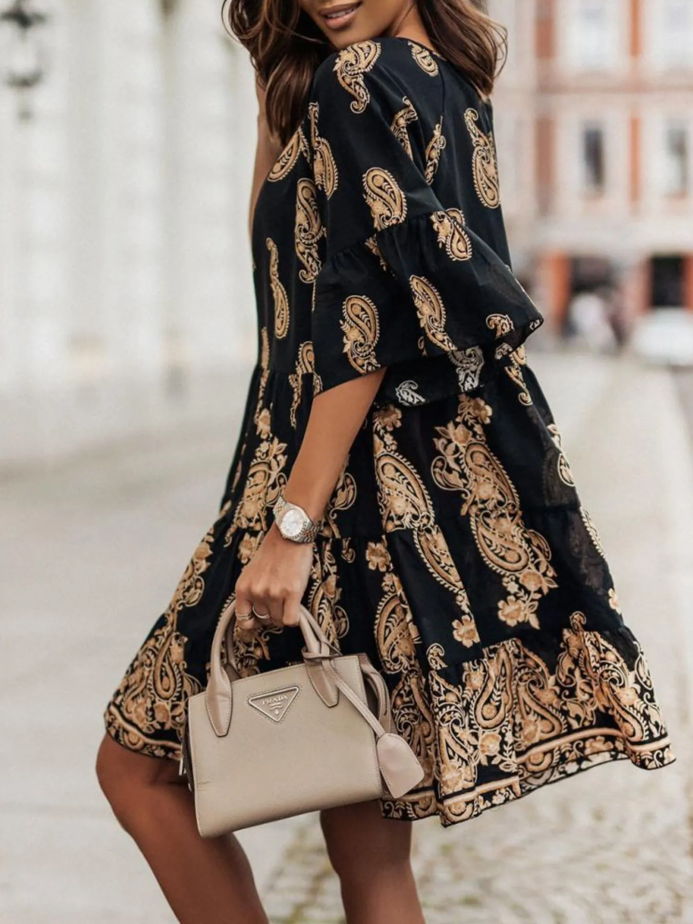 Paisley Print Tie Neck Half Sleeve Mini Dress - Image 6