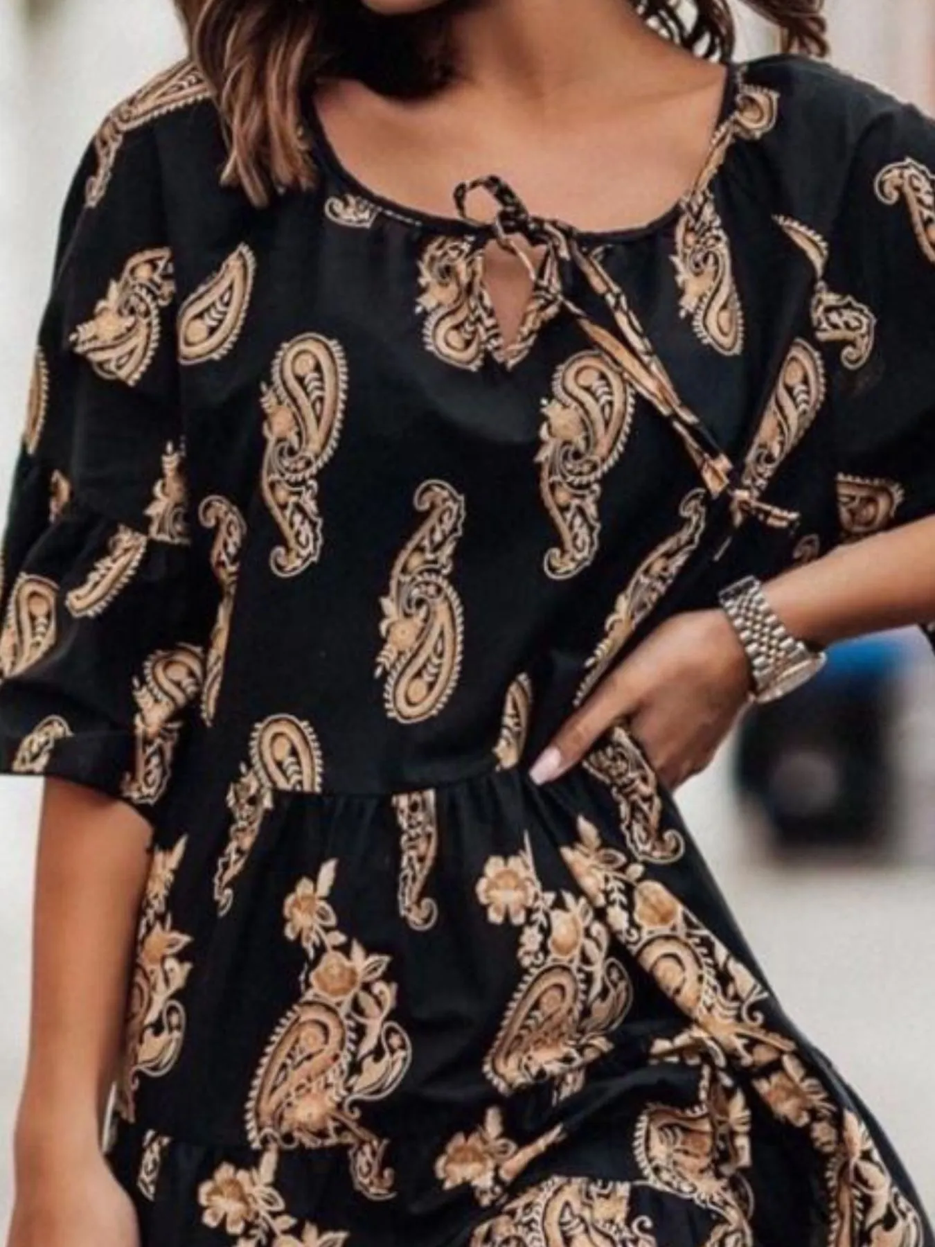 Paisley Print Tie Neck Half Sleeve Mini Dress - Image 7