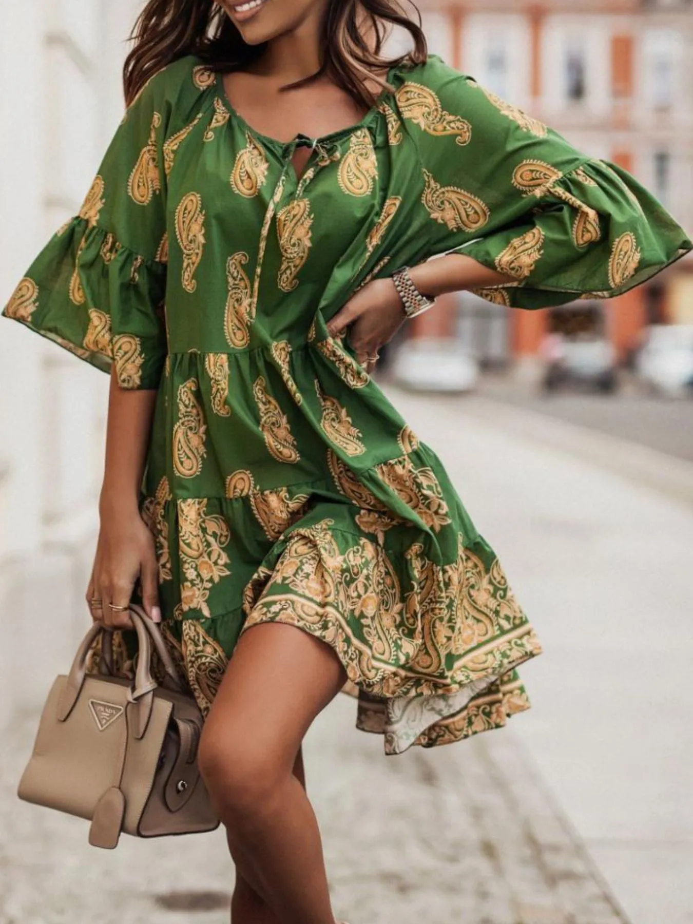 Paisley Print Tie Neck Half Sleeve Mini Dress - Image 8
