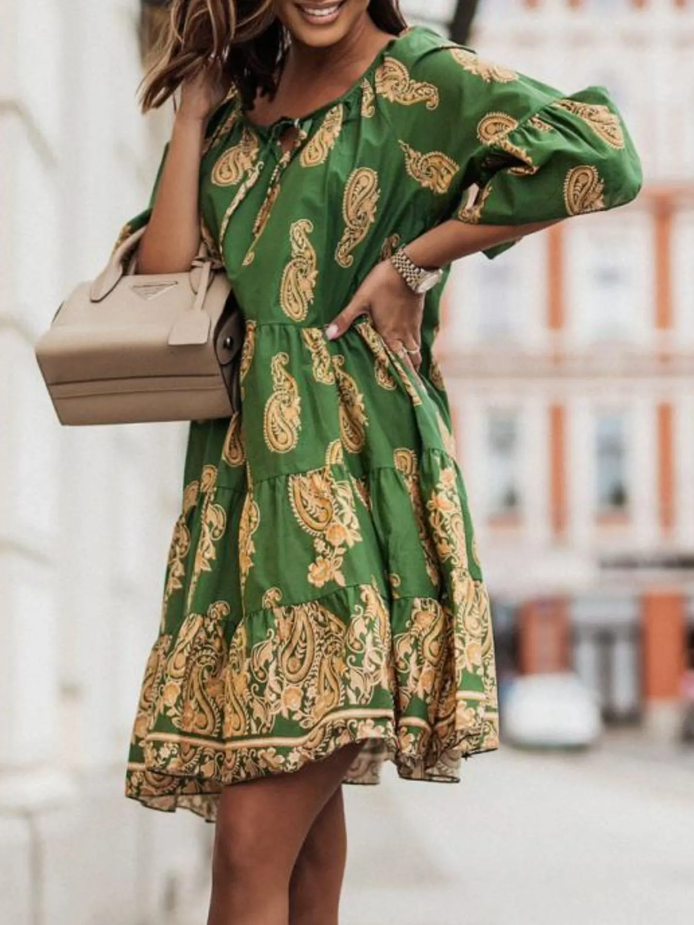 Paisley Print Tie Neck Half Sleeve Mini Dress - Image 9