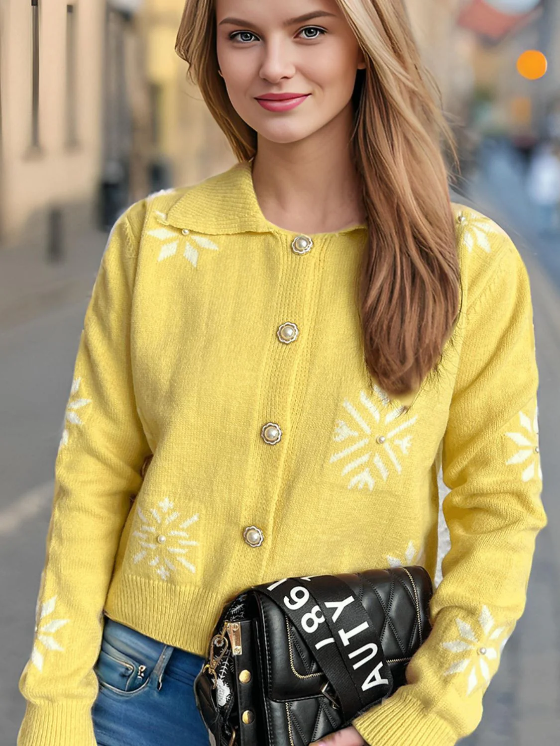 Pearl Trim Collared Neck Long Sleeve Cardigan - Image 11