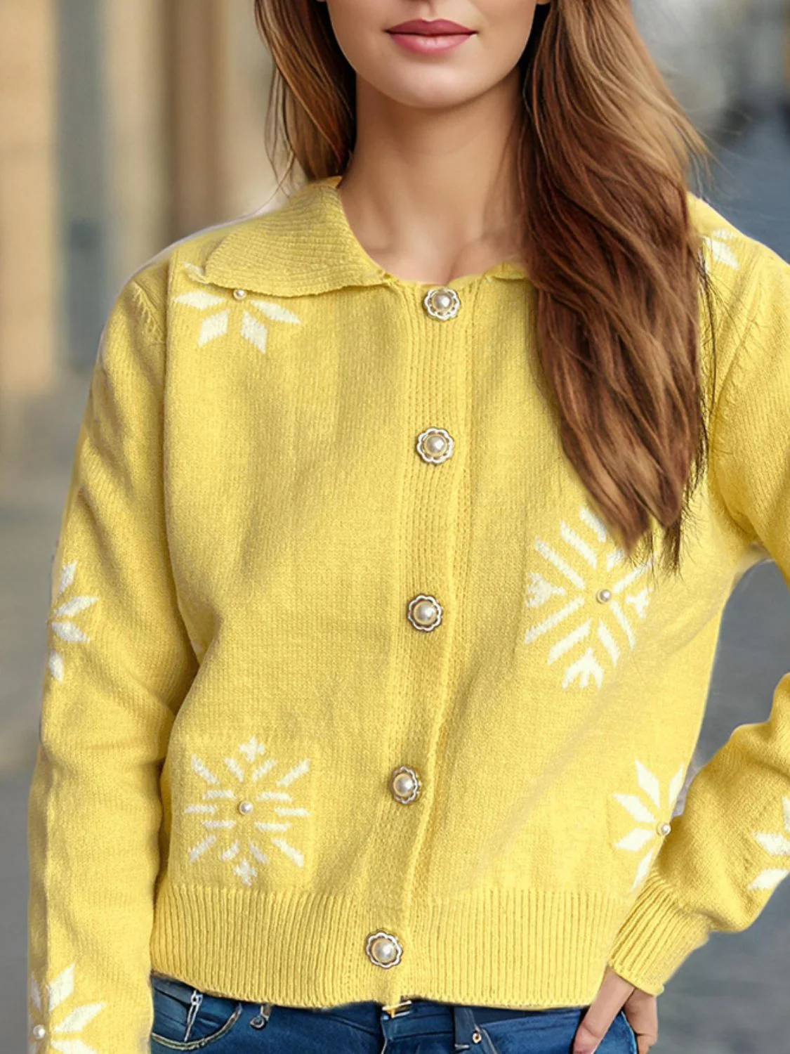 Pearl Trim Collared Neck Long Sleeve Cardigan - Image 8