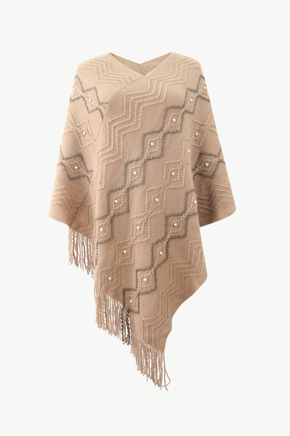 Pearl Trim V-Neck Fringe Hem Poncho - Image 13