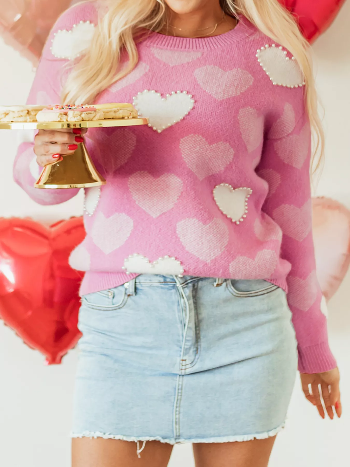Pearled Heart Print Valentines Crew Neck Sweater - Image 4