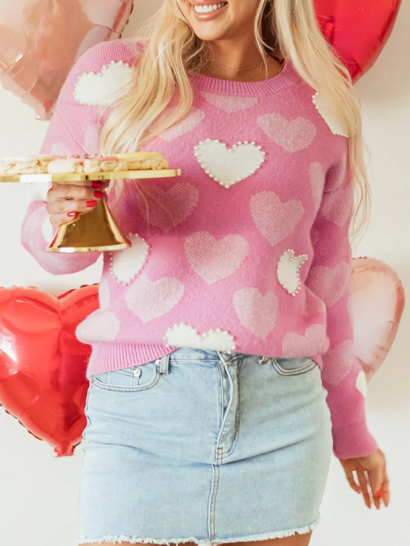 Pearled Heart Print Valentines Crew Neck Sweater - Image 5