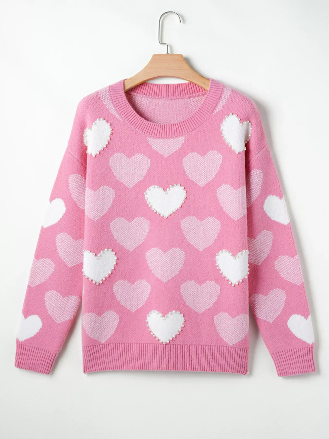 Pearled Heart Print Valentines Crew Neck Sweater - Image 8