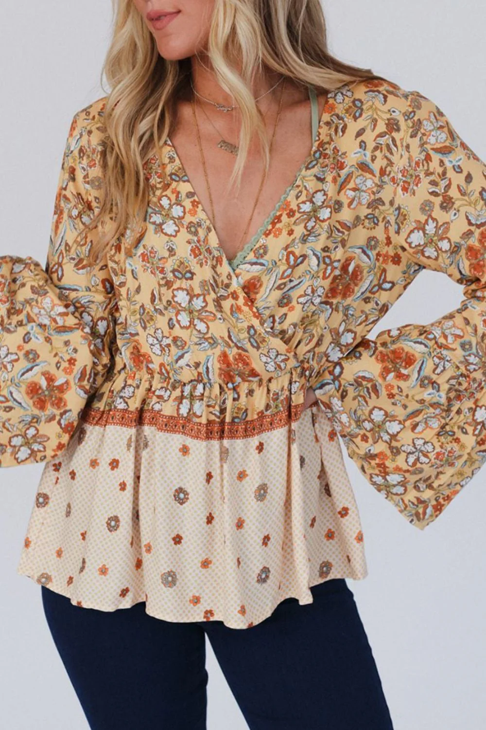 Peplum Printed Surplice Flare Sleeve Blouse - Image 5