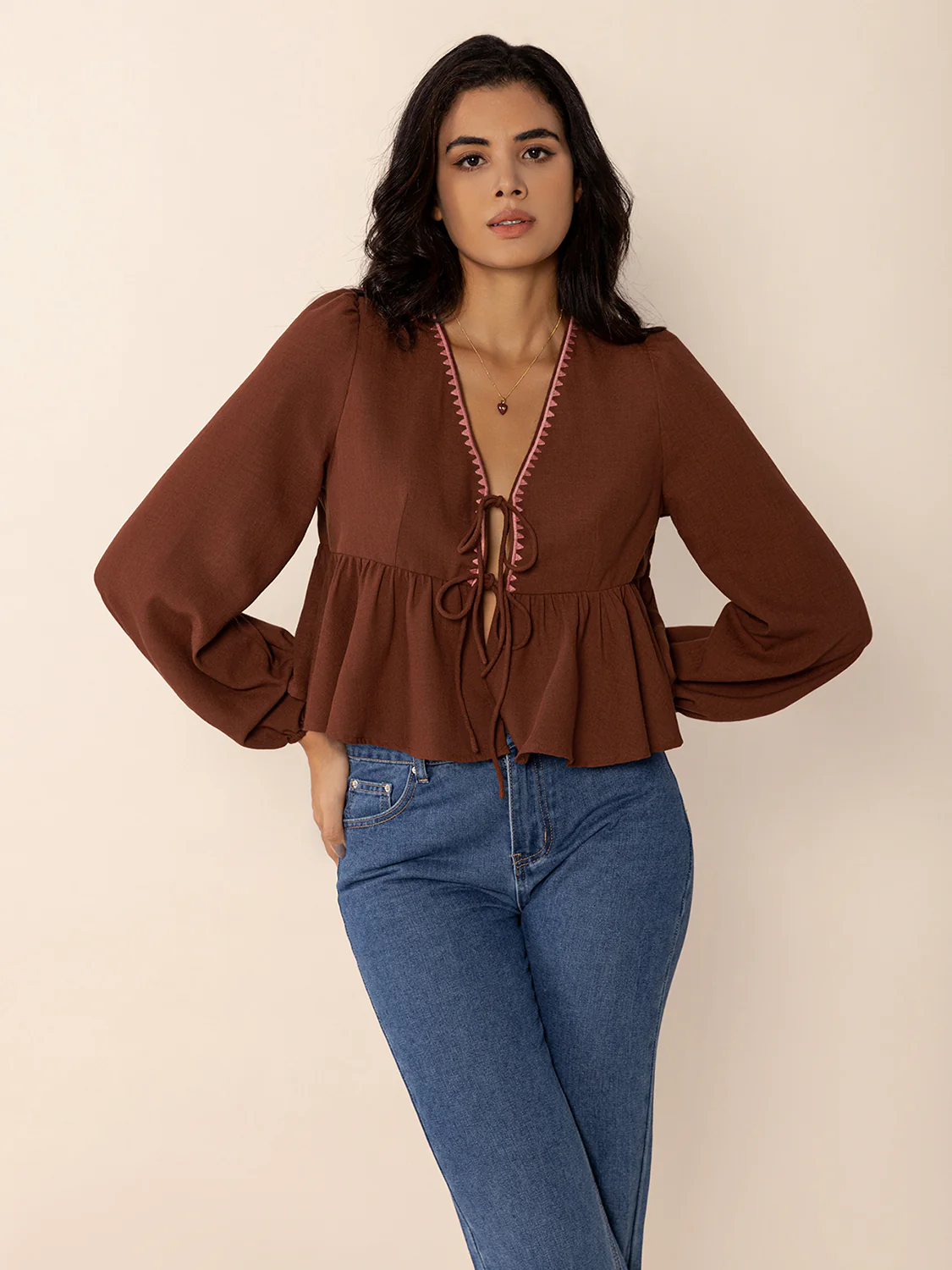 Peplum Tied V-Neck Long Sleeve Blouse - Image 2