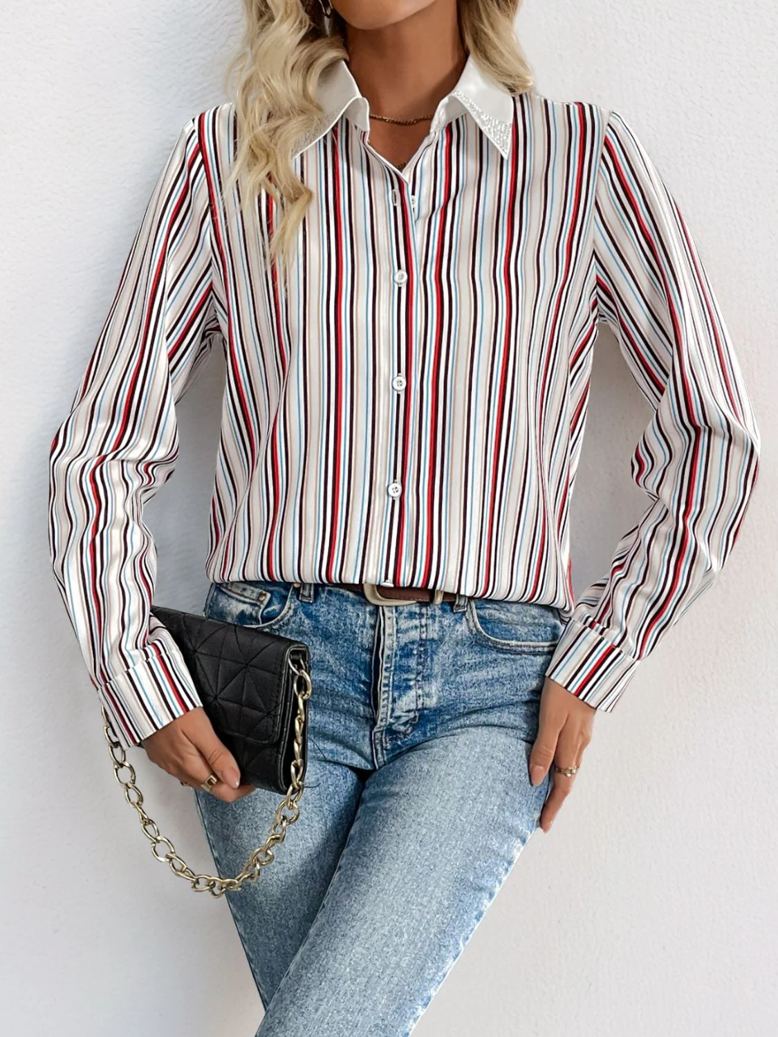 Perfee Contrast Striped Collared Neck Long Sleeve Shirt - Image 3