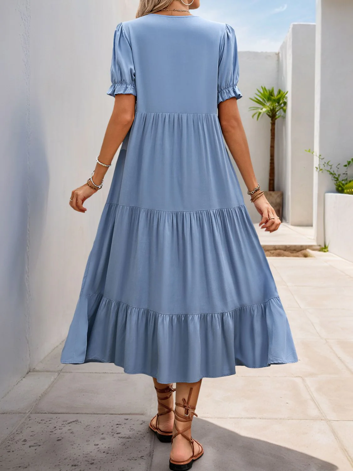 Perfee Decorative Button Notched Short Sleeve Midi Dress - Image 2