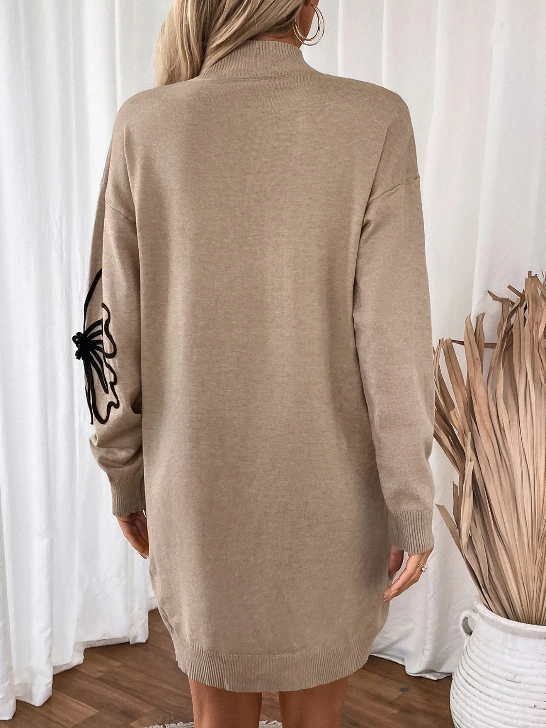 Perfee Flower Mock Neck Long Sleeve Sweater Dress - Image 2