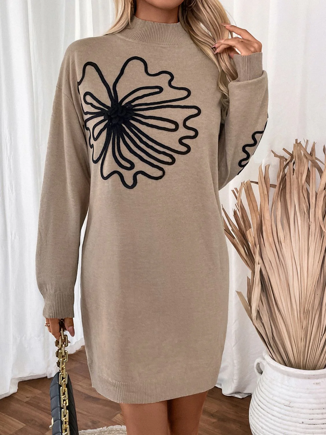 Perfee Flower Mock Neck Long Sleeve Sweater Dress - Image 3
