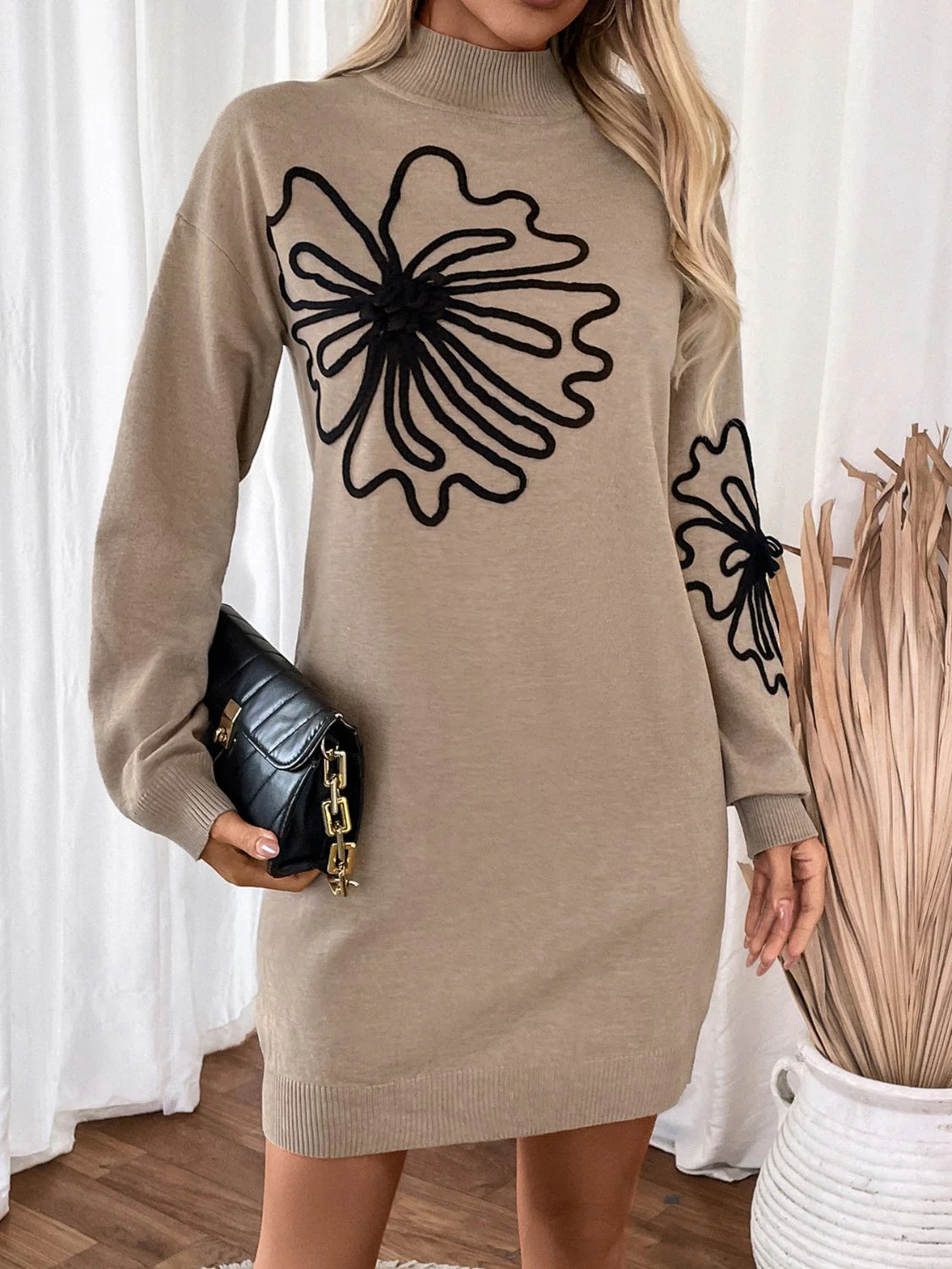 Perfee Flower Mock Neck Long Sleeve Sweater Dress - Image 5