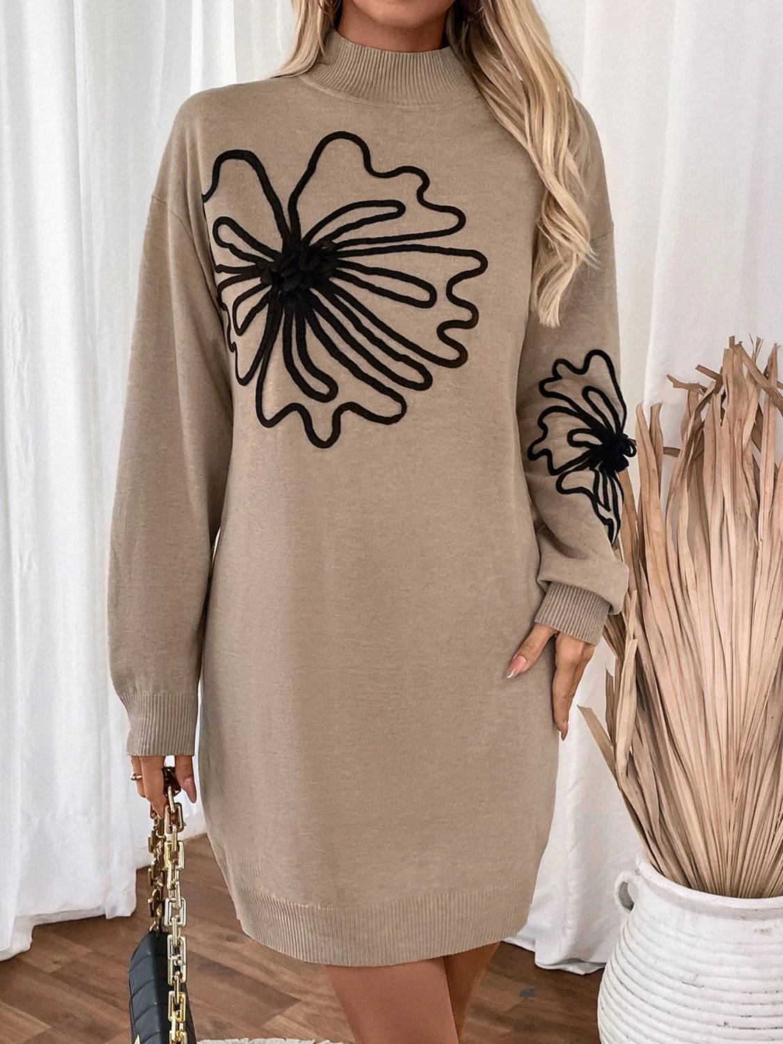 Perfee Flower Mock Neck Long Sleeve Sweater Dress - Image 6