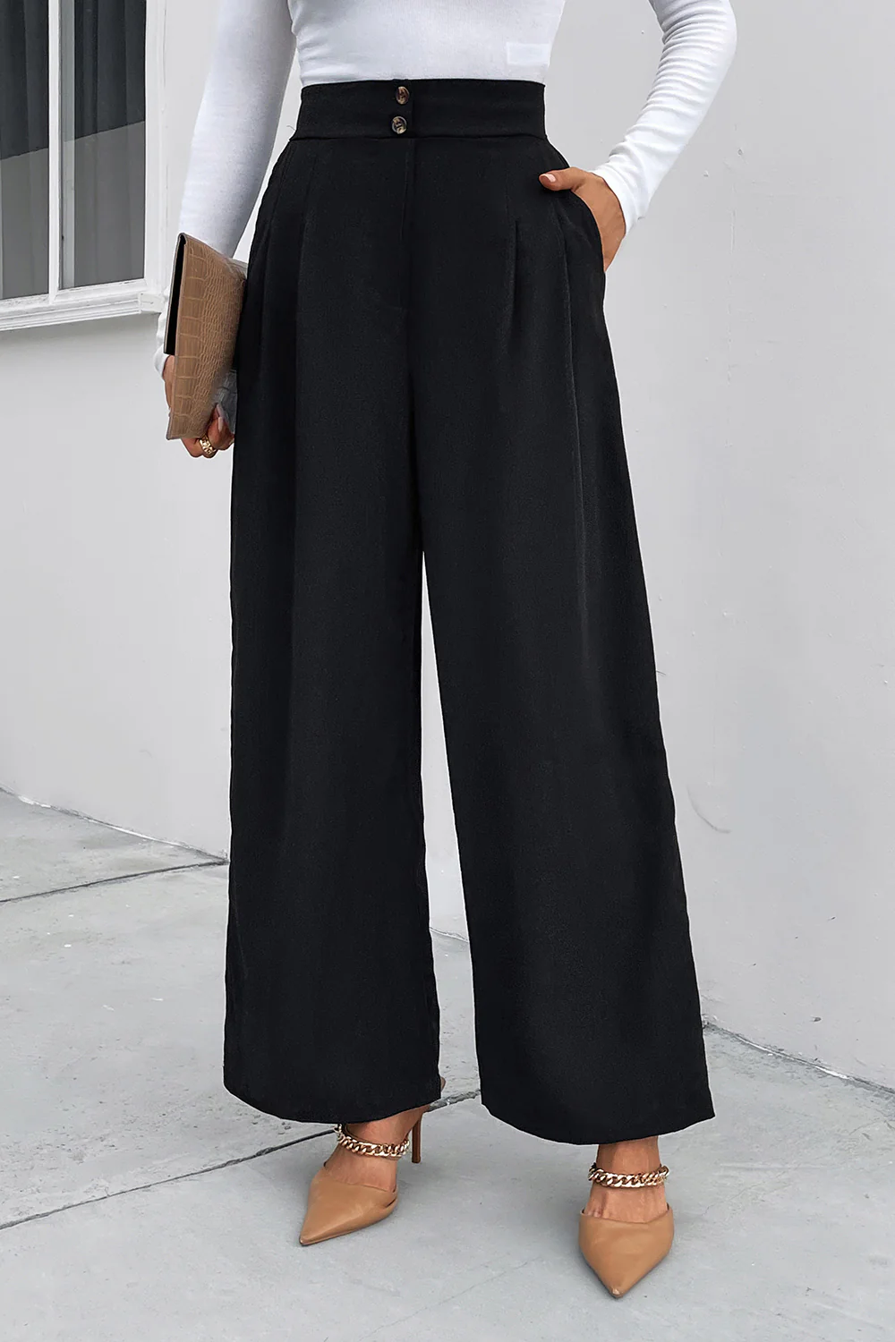 Perfee High Waist Ruched Pocketed Wide Leg Pants - Image 4