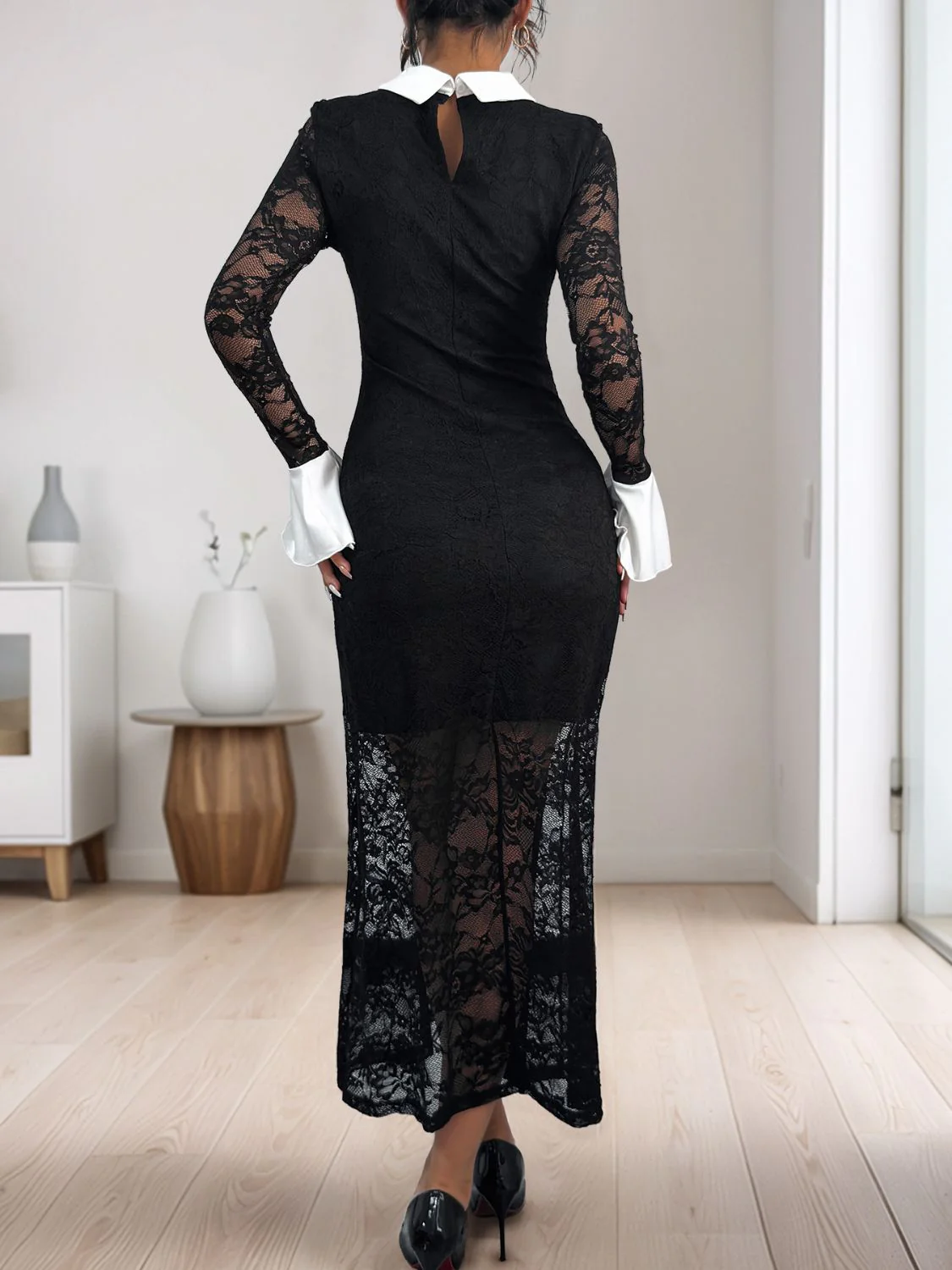 Perfee Lace Contrast Collared Neck Long Sleeve Midi Dress - Image 2