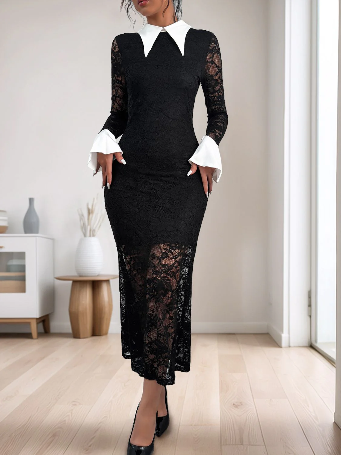 Perfee Lace Contrast Collared Neck Long Sleeve Midi Dress - Image 3