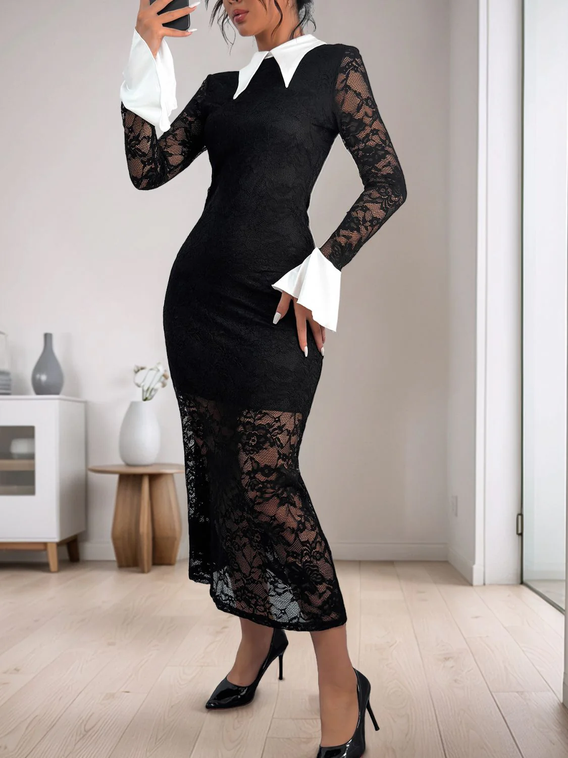 Perfee Lace Contrast Collared Neck Long Sleeve Midi Dress - Image 4