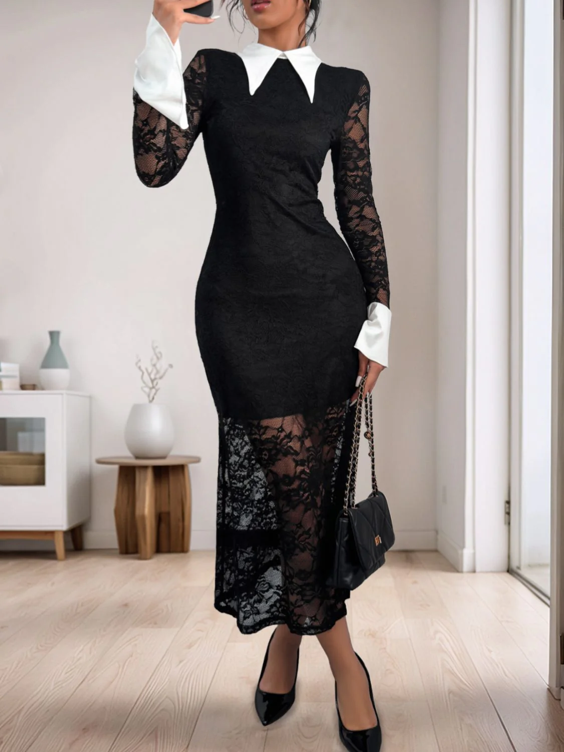 Perfee Lace Contrast Collared Neck Long Sleeve Midi Dress - Image 5