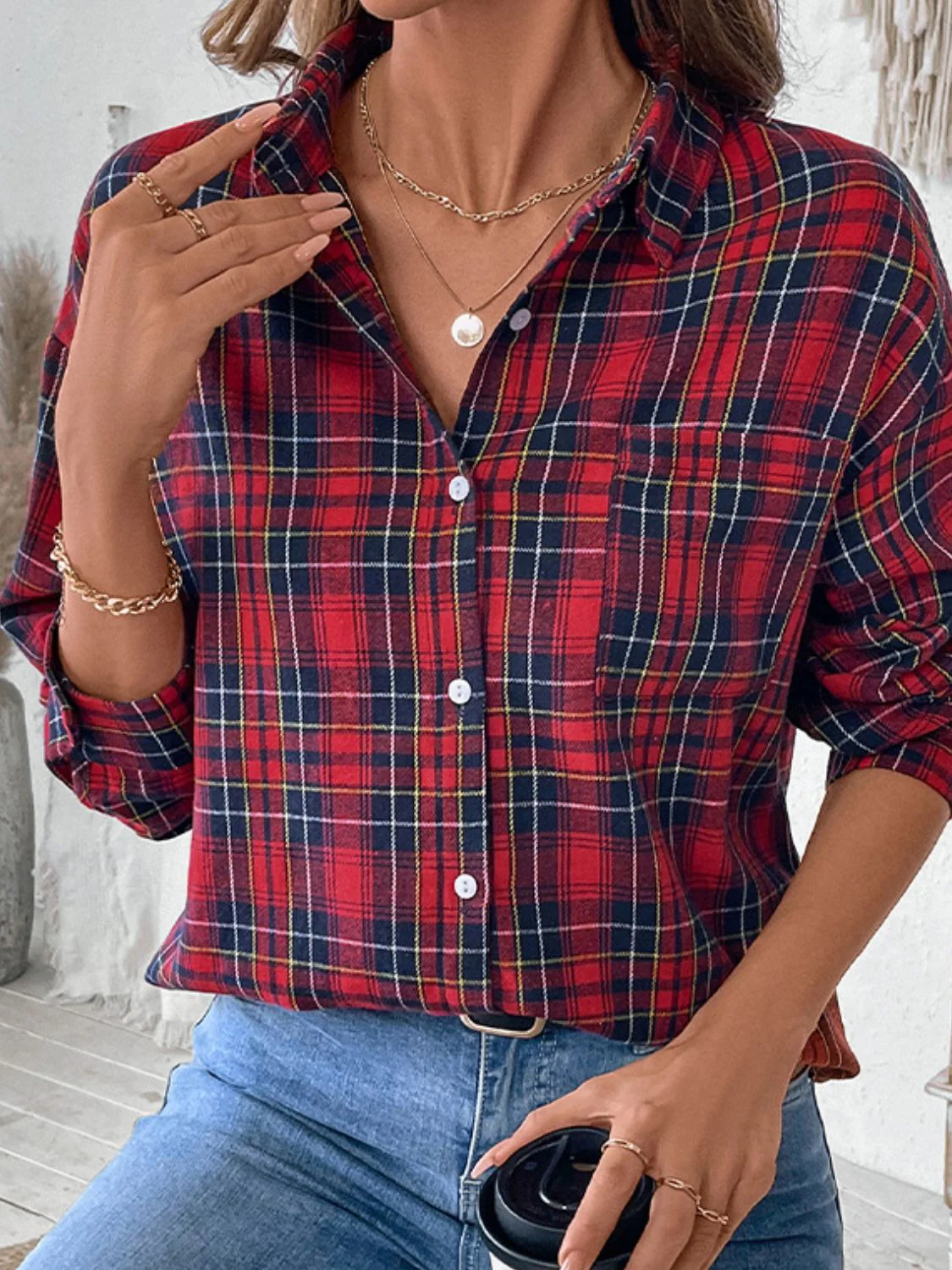 Perfee Plaid Button Up Long Sleeve Shirt - Image 4