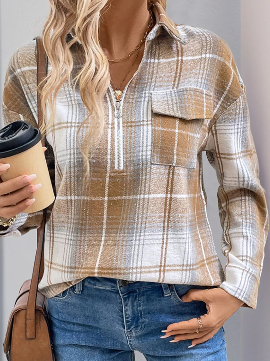 Perfee Plaid Collared Neck Half Zip Long Sleeve Top - Image 4