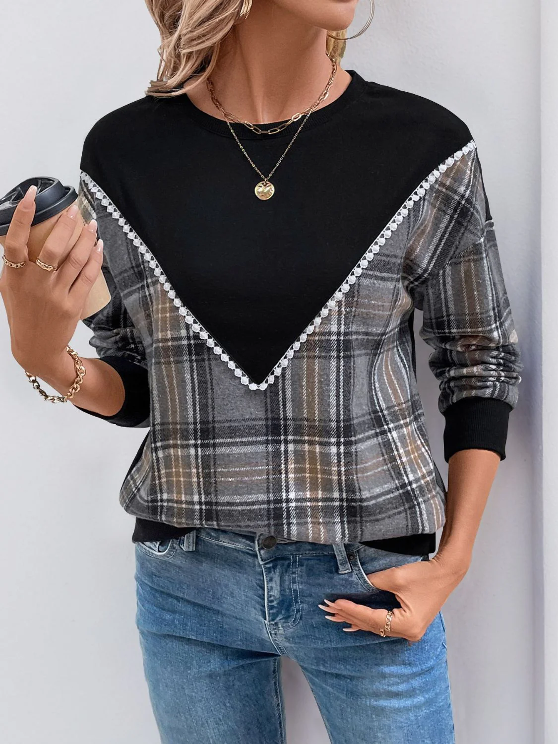 Perfee Plaid Round Neck Long Sleeve Sweatshirt - Image 3