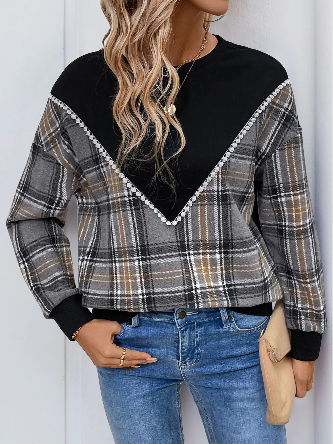 Perfee Plaid Round Neck Long Sleeve Sweatshirt - Image 4