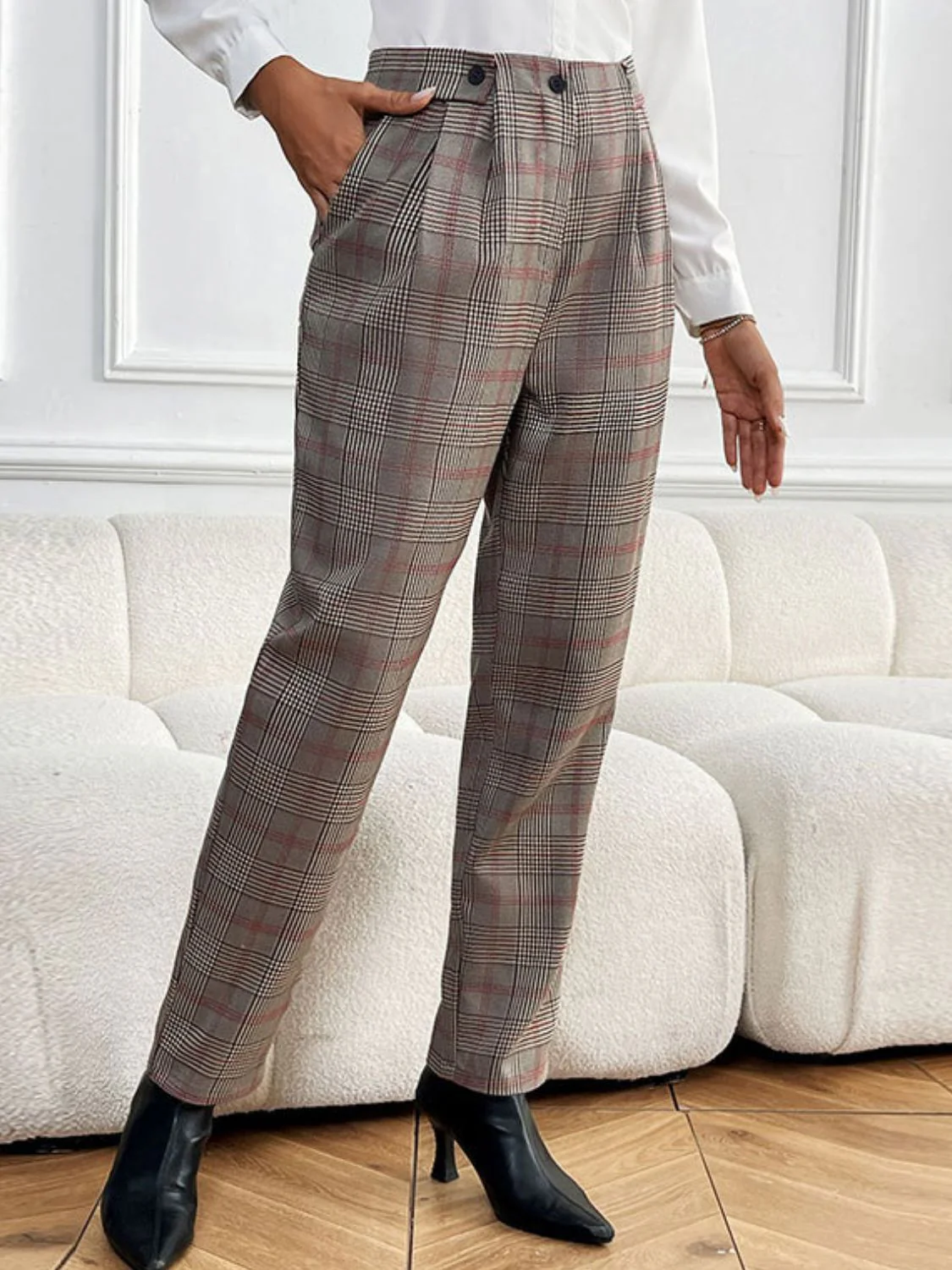 Perfee Plaid Straight Pants with Pockets - Image 6