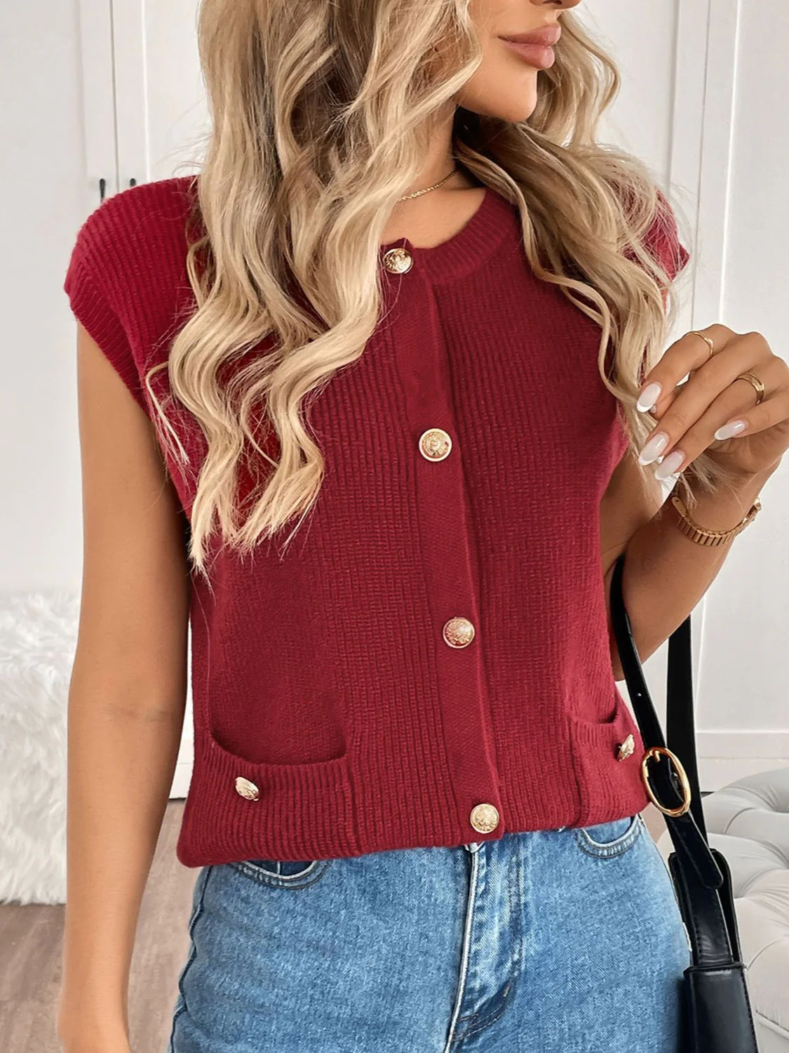 Perfee Pocketed Round Neck Cap Sleeve Cardigan - Image 3