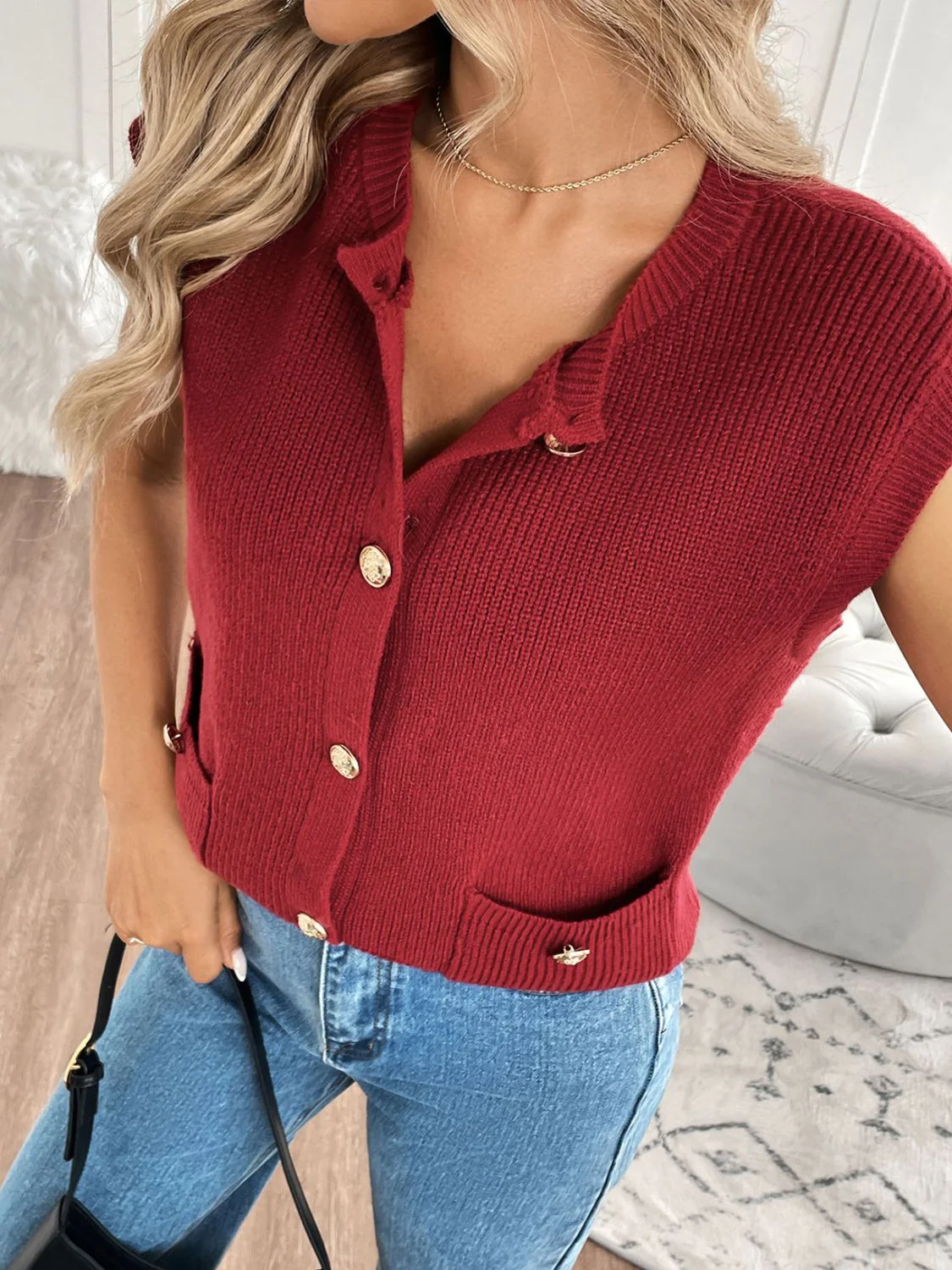 Perfee Pocketed Round Neck Cap Sleeve Cardigan - Image 4