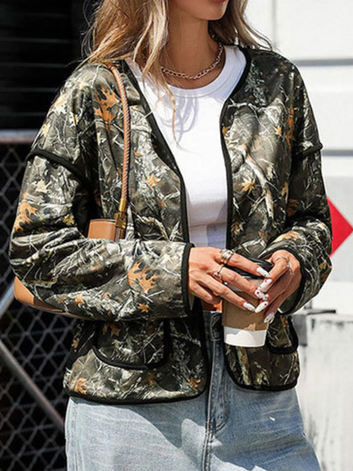 Perfee Printed Open Front Long Sleeve Jacket - Image 5