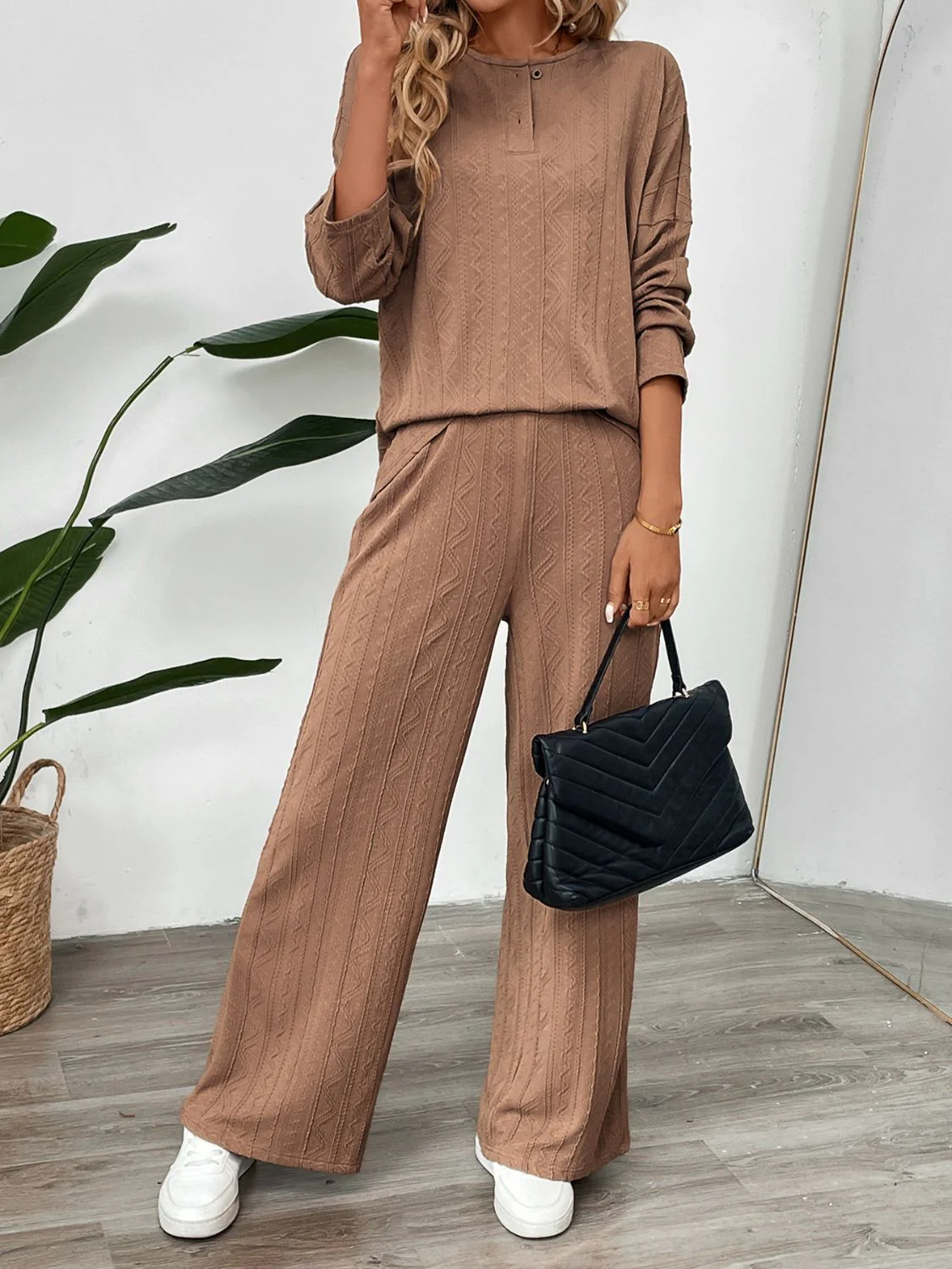 Perfee Quarter Button Long Sleeve Top and Pants Set - Image 6