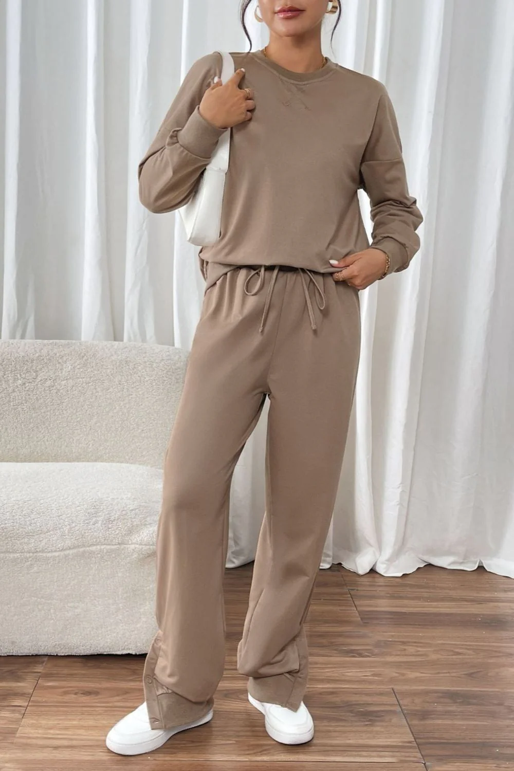 Perfee Round Neck Long Sleeve Top and Pants Set - Image 3