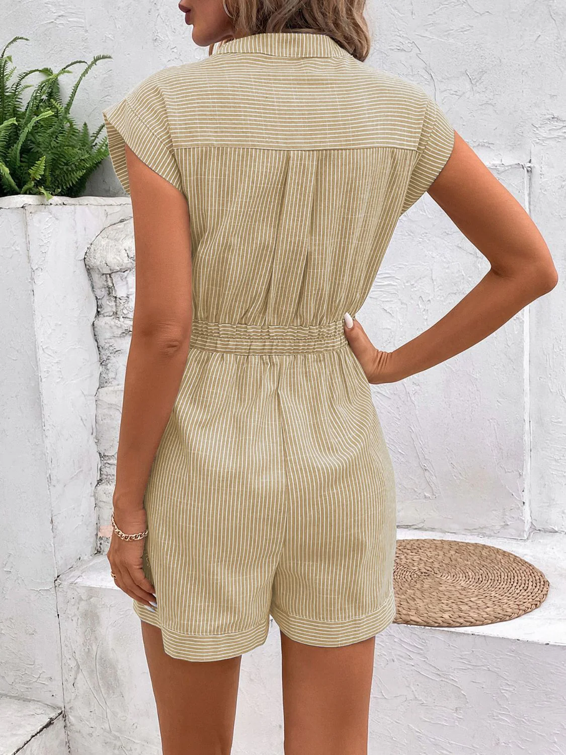 Perfee Striped Notched Tie Waist Romper - Image 25
