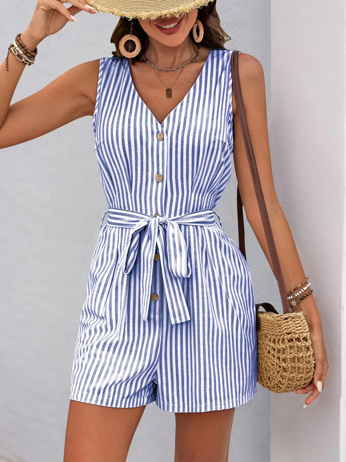 Perfee Striped V-Neck Tie Waist Romper - Image 27
