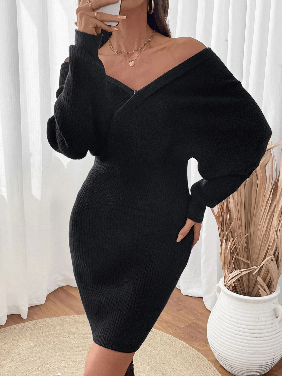 Perfee Surplice Long Sleeve Sweater Dress - Image 5