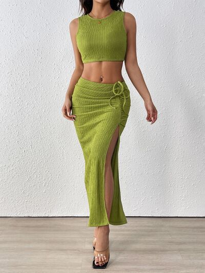 Perfee Texture Cropped Tank and Ruched Skirt Set